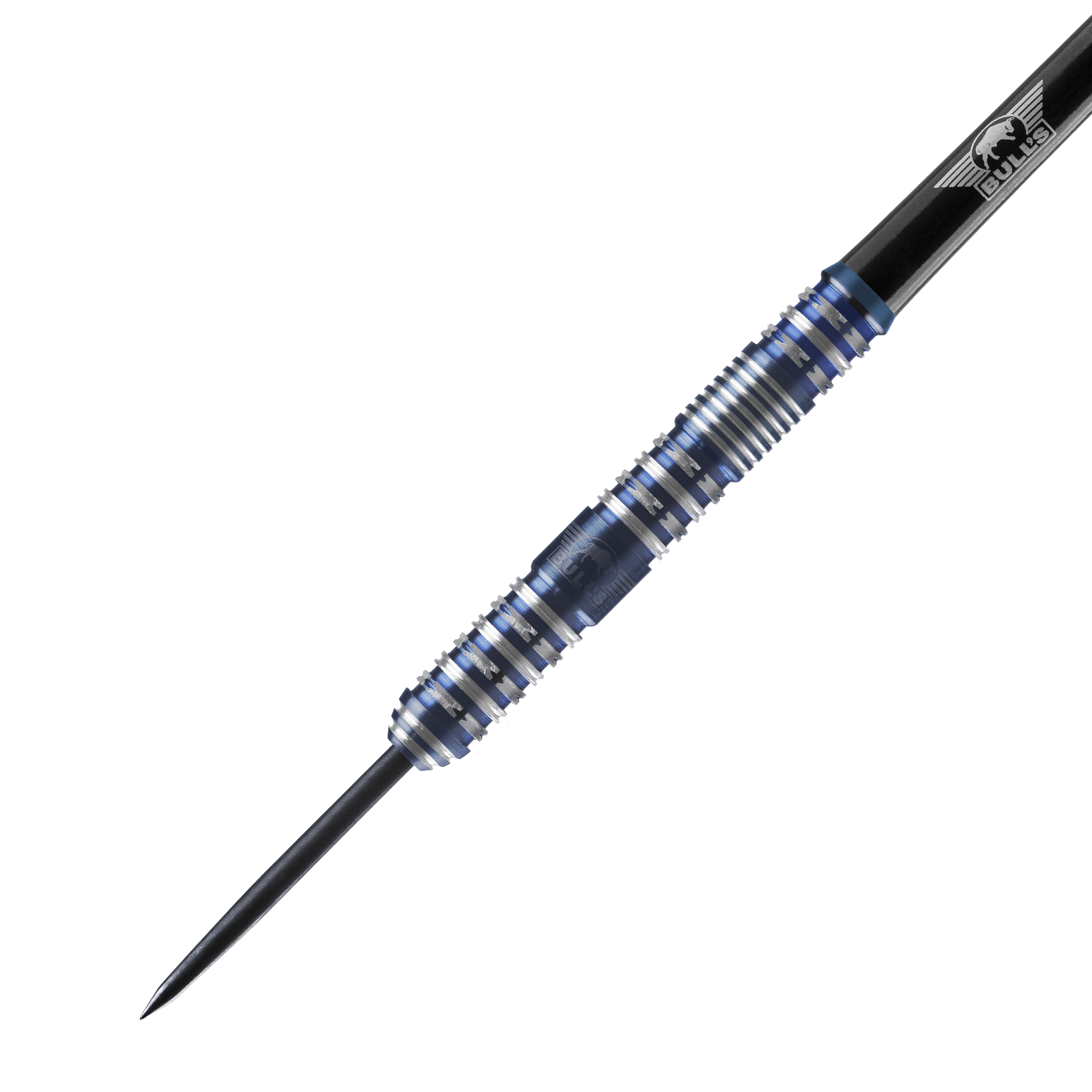 Bulls NL Silvian Steeldarts Das Bild zeigt einen Bulls NL Silvian Steeldart. Der Dartpfeil hat eine blaue und silberne Griffzone mit vielen Rillen für besseren Halt.