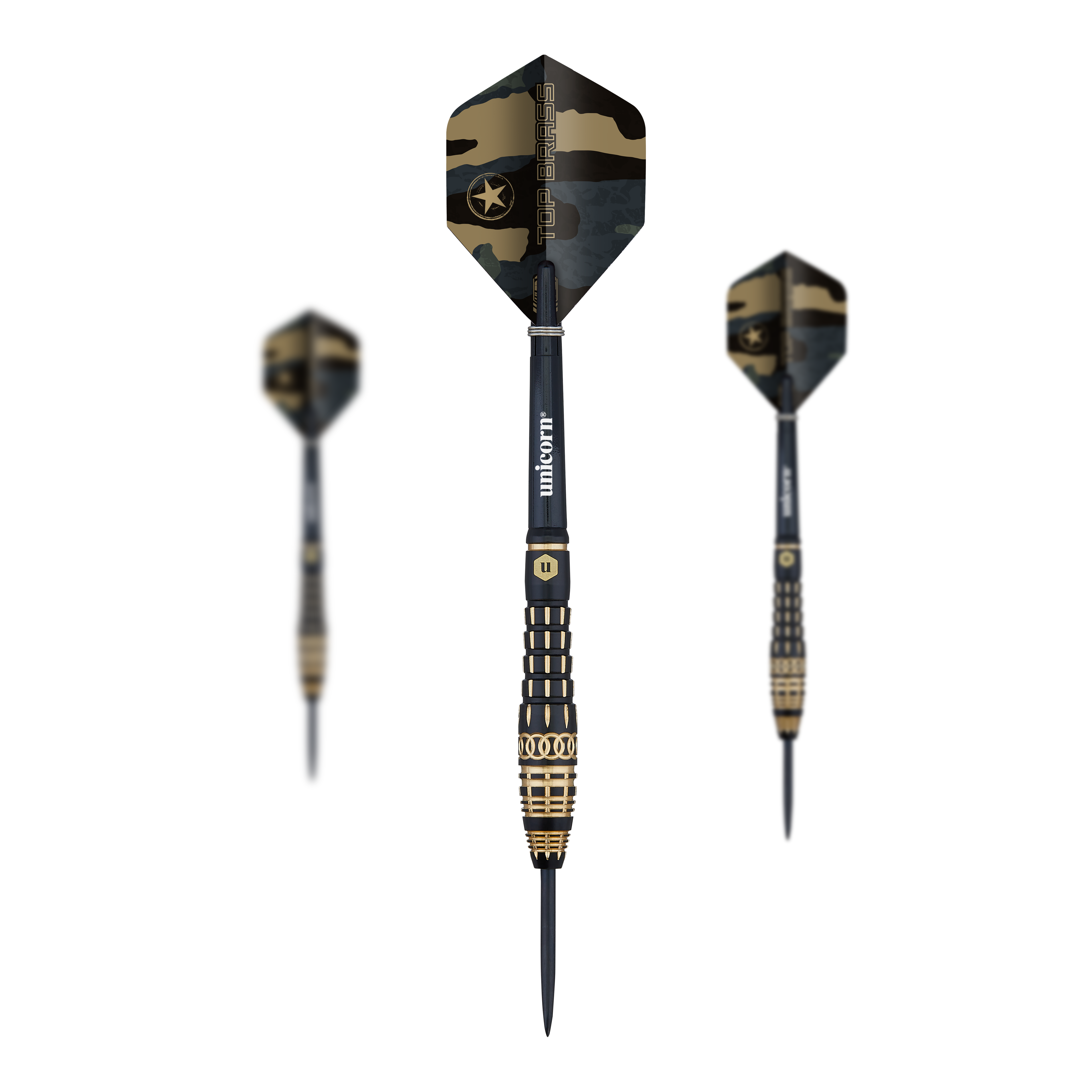 Unicorn Top Brass V4 Steeldarts - 20g Das Bild zeigt den Dartpfeil „Unicorn Top Brass V4 Steeldarts - 20g“. Der Pfeil hat eine schwarze und goldene Farbe sowie ein Tarnmuster auf dem Flight.