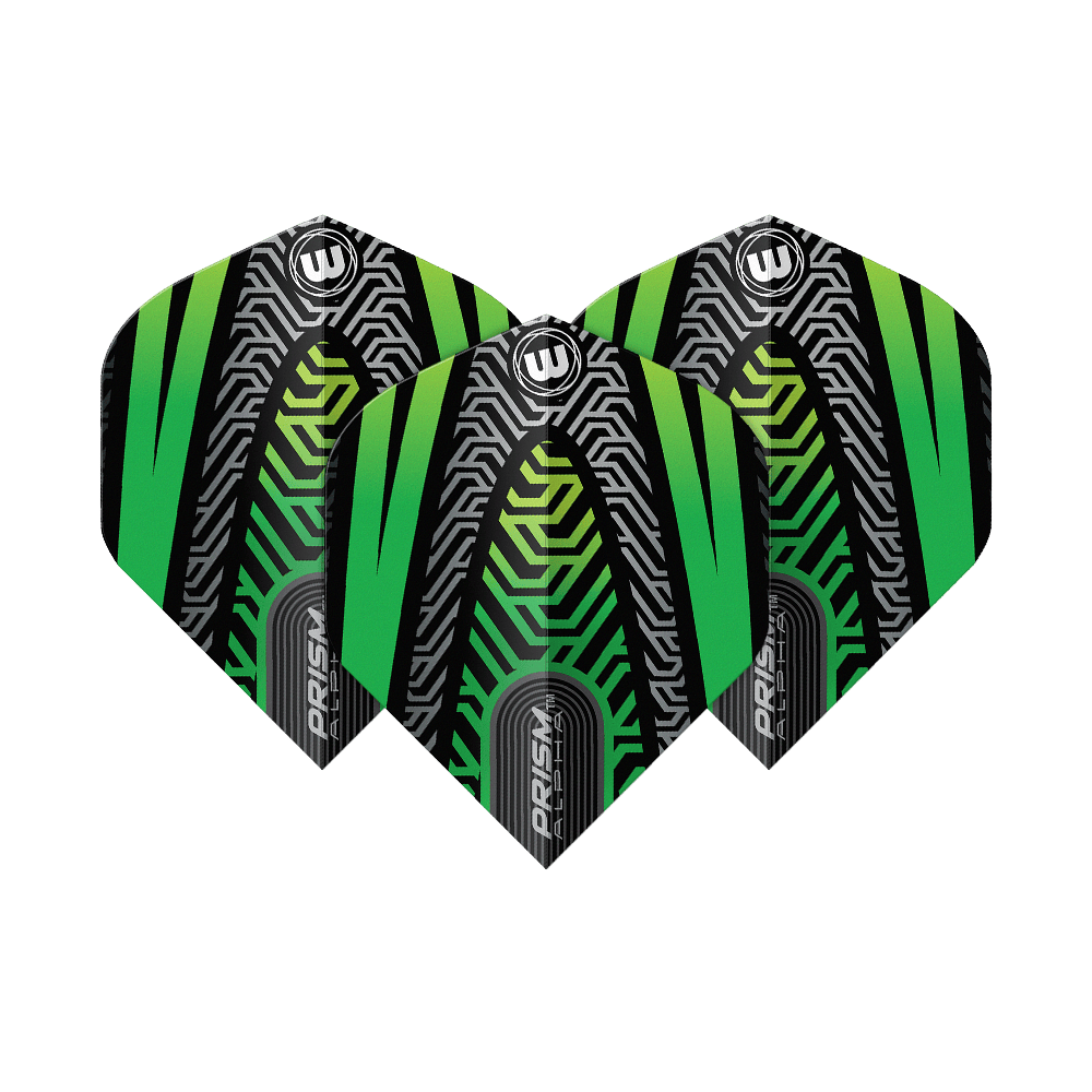 Winmau Prism Alpha Black Green No. 2 Standard Flights Das Bild zeigt drei Dartflights des Modells "Winmau Prism Alpha Schwarz Grün No2 Standard". Die Flights haben ein auffälliges, modernes Design in Schwarz, Grün und silbernen Linienmustern.