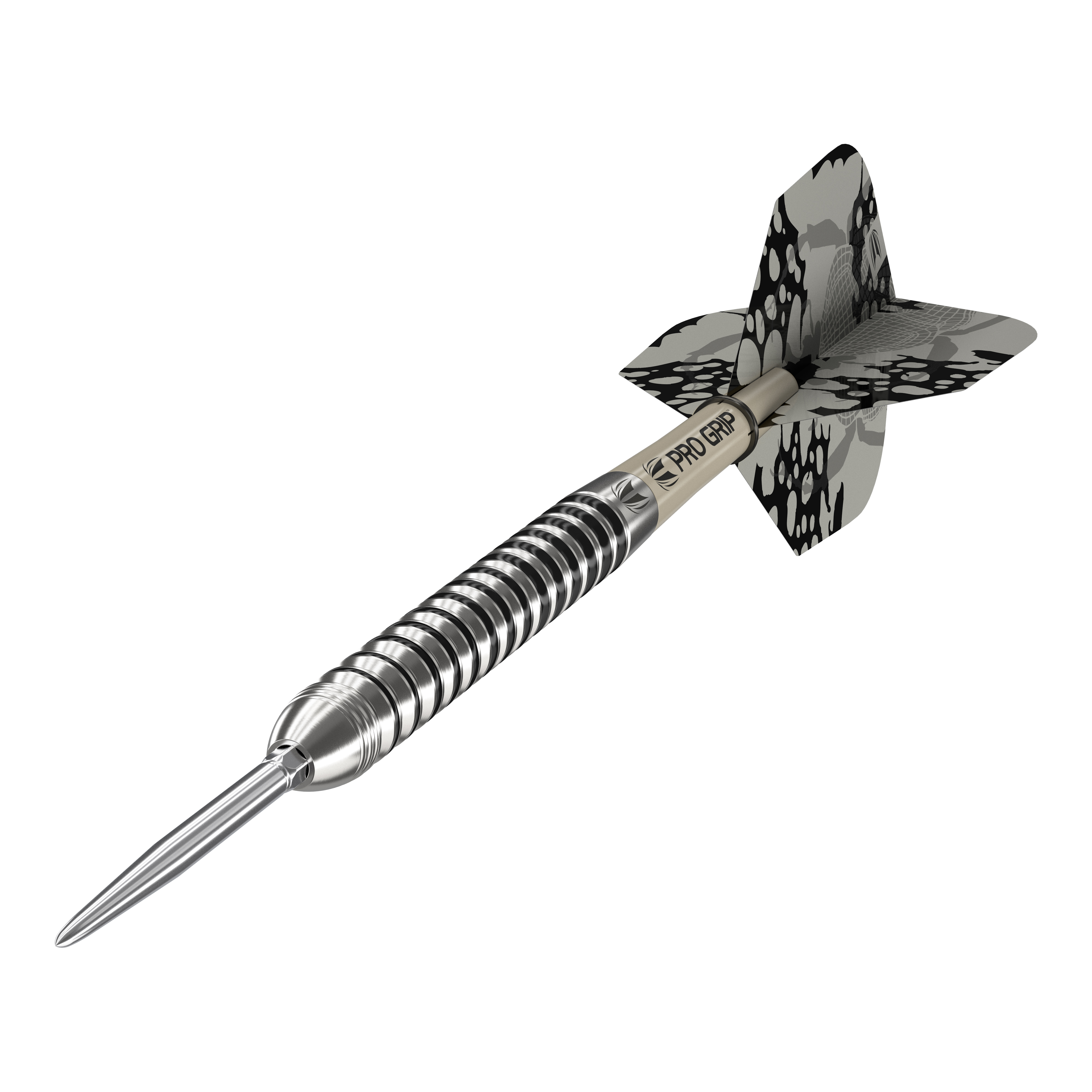 Target EXO SP01 Swiss Point steel darts Dies ist ein Target EXO SP01 Swiss Point Steeldart. Der Dartpfeil hat ein silbernes, gerilltes Barrel und schwarze Flights mit Muster.