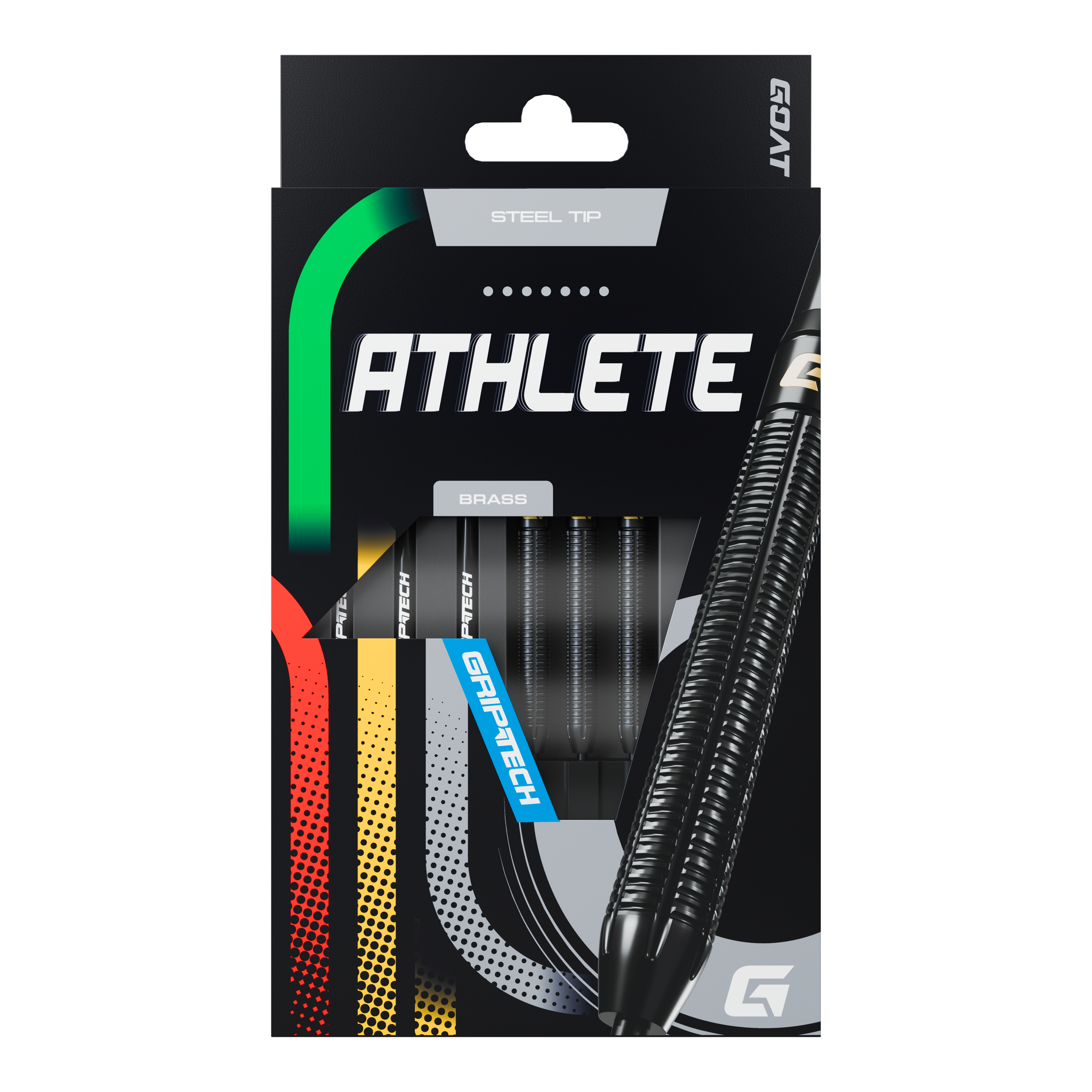 GOAT Athlete Black Brass Steeldarts - 13g Die Abbildung zeigt die Verpackung der GOAT Athlete Black Brass Steeldarts mit einem Gewicht von 13g. Die Darts haben eine schwarze, geriffelte Oberfläche und sind für Präzision und Haltbarkeit ausgelegt.