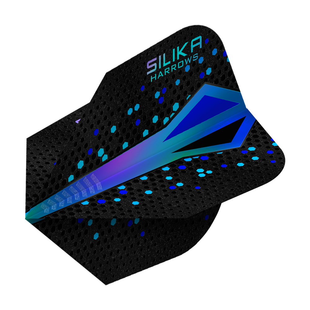 Das Bild zeigt ein Dartflight mit dem Namen "Harrows Silika Colourshift Tough Crystalline Coating Blue No6". Das Flight ist überwiegend schwarz mit einem blauen, schimmernden Muster und sechseckigen Akzenten.