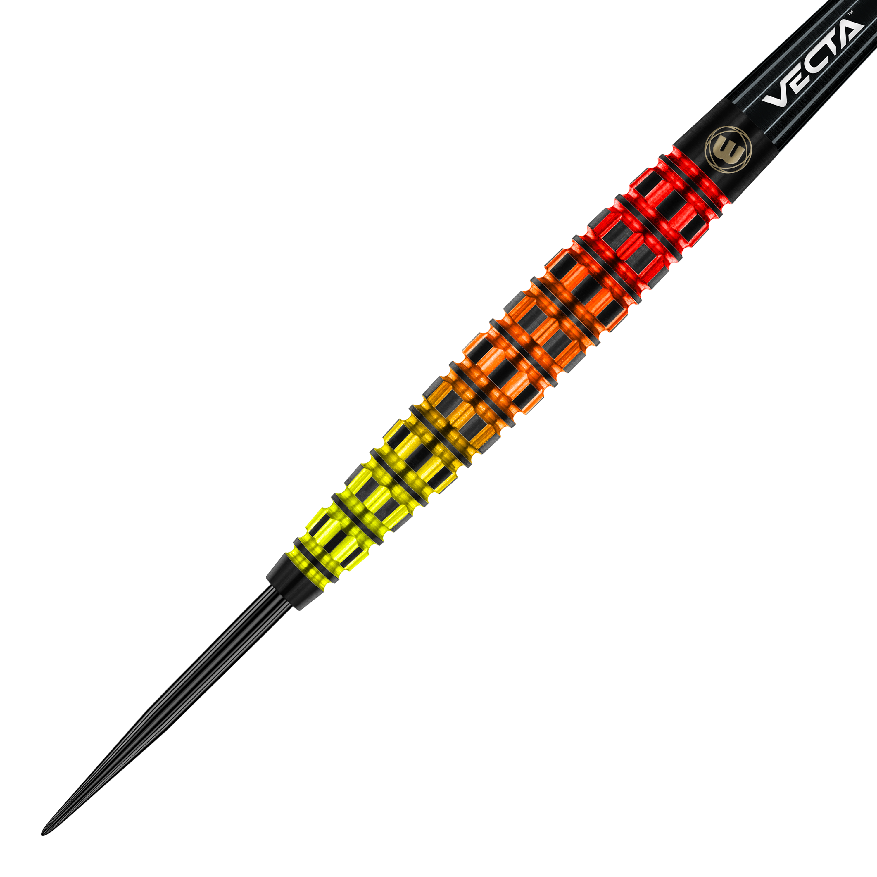 Winmau Firestorm Flame Tapered Steeldarts Das Bild zeigt einen Winmau Firestorm Flame Tapered Steeldart. Der Dart hat ein auffälliges Design mit leuchtenden Farben von Gelb über Orange bis Rot.